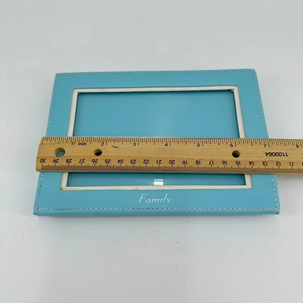 Sola Turquoise Blue Leather Family Picture Frame with White Border Stitched